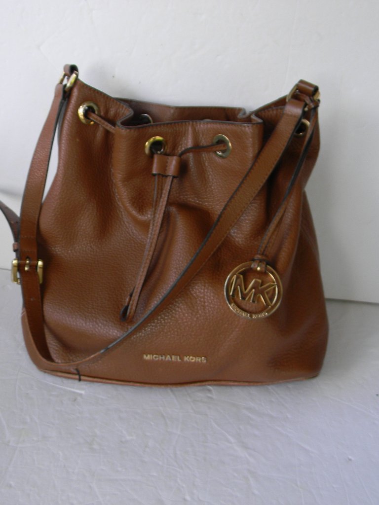 Michael Kors Tan Luggage Pebbled Leather Jules Drawstring Bucket Bag